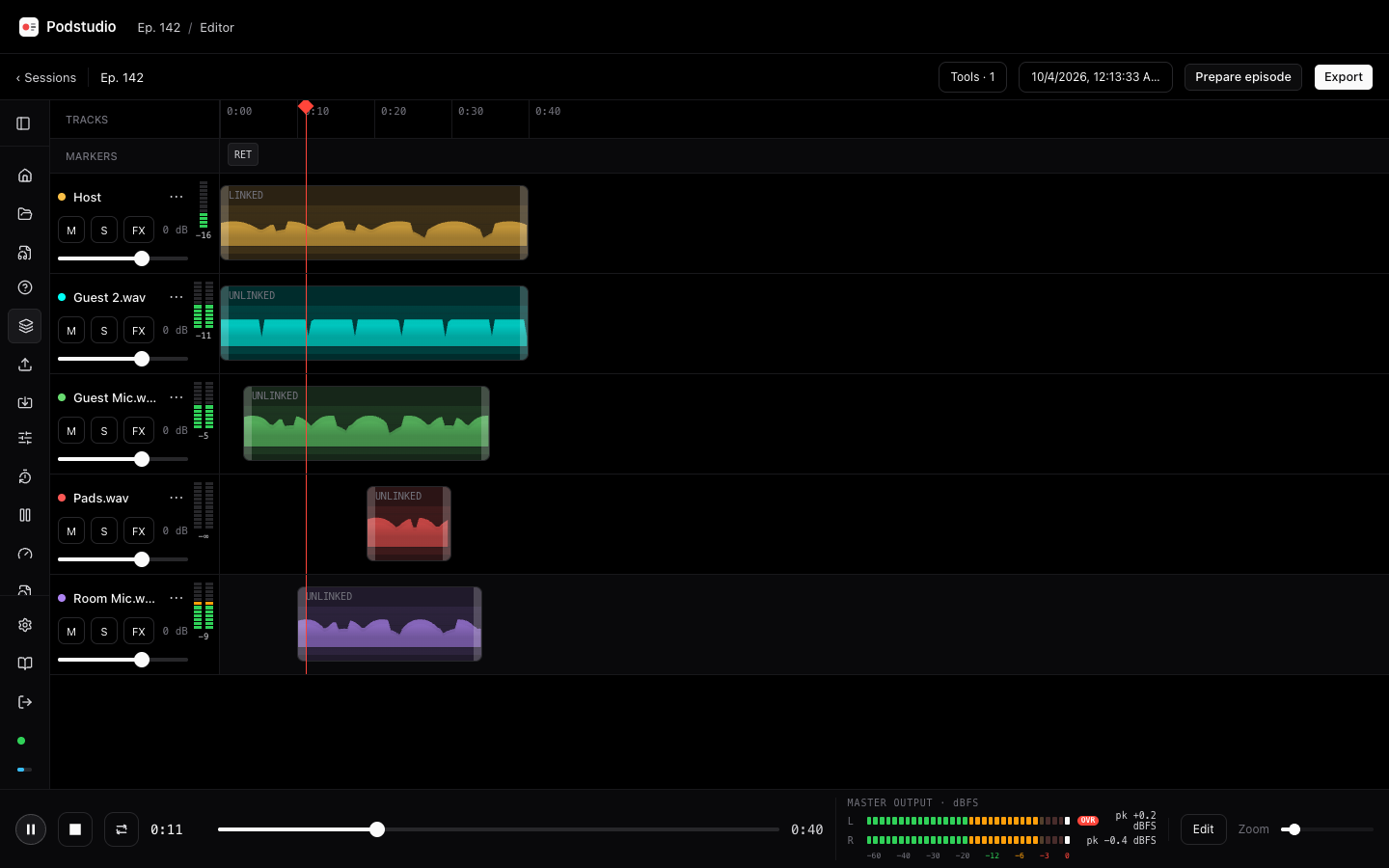 Current Podstudio editor in its Pi-Tuner-inspired dark theme, with track meters, synchronized waveform editing and master output levels