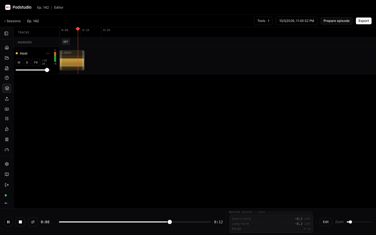 Current Podstudio dark editor with master loudness display showing short-term, long-term and range