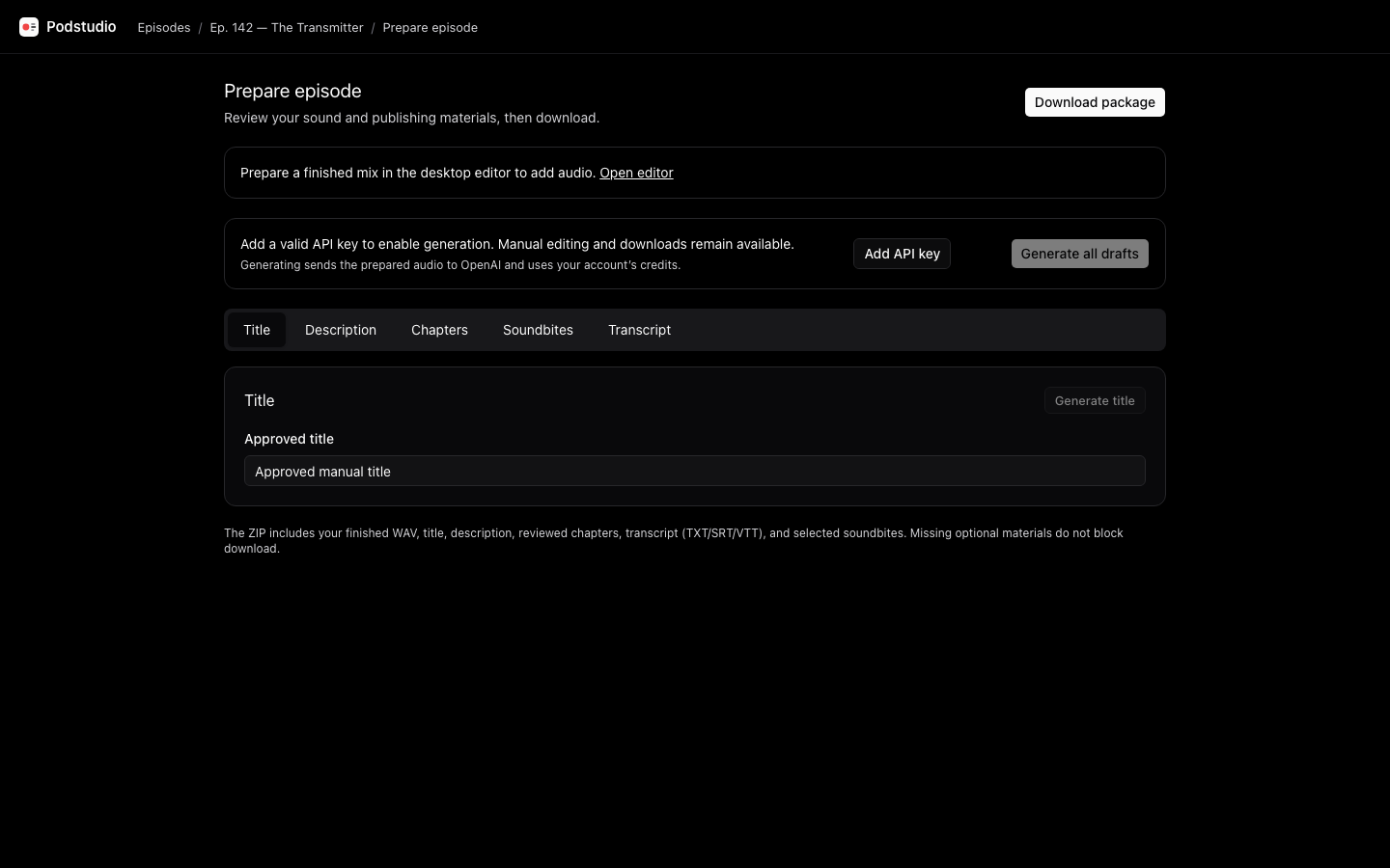 Current Podstudio dark episode preparation page with finished mix and publishing package controls