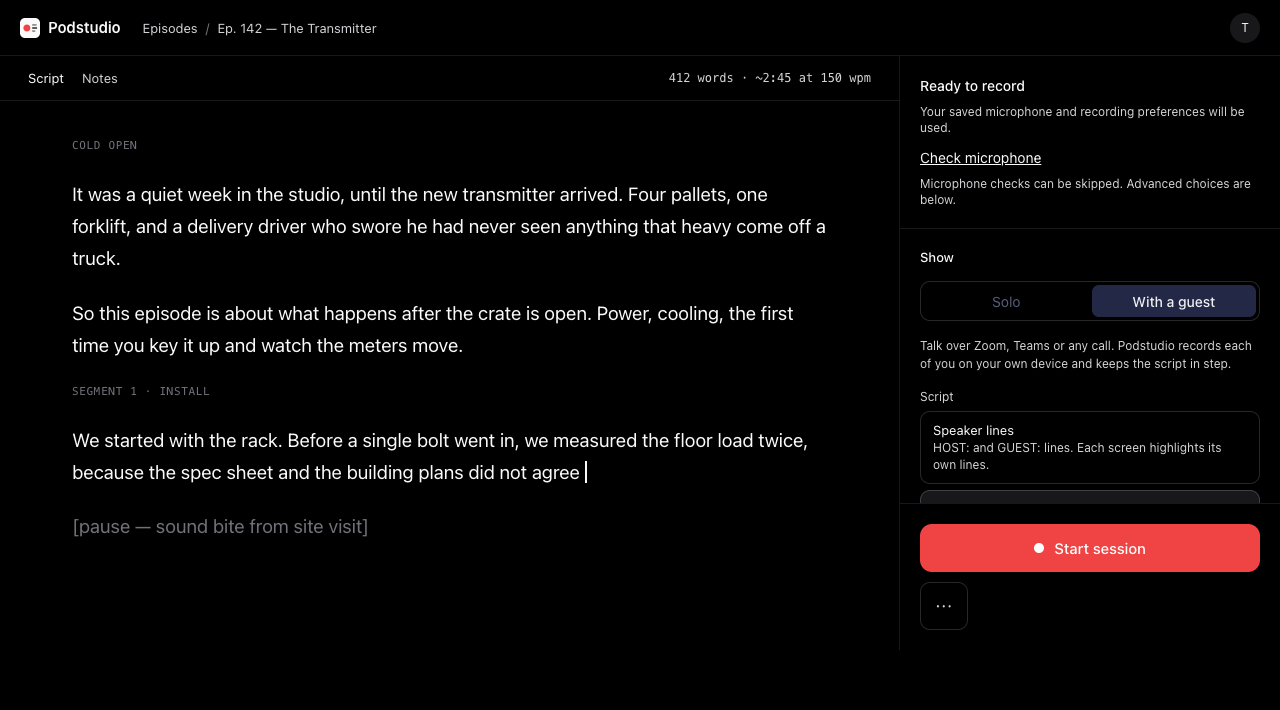 Current Podstudio dark recording screen with script and setup controls
